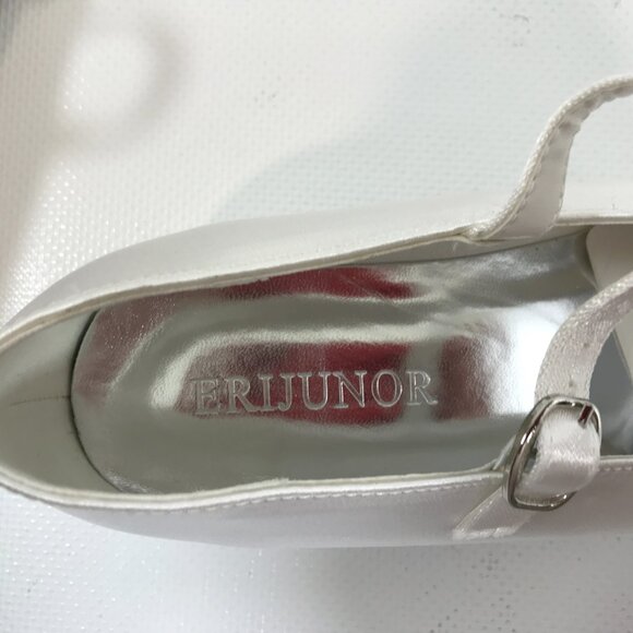 Girls Satin Shoes White 1.5 Communion Bridal Shoes Floral Rhinestone Ankle Strap - Picture 9 of 13